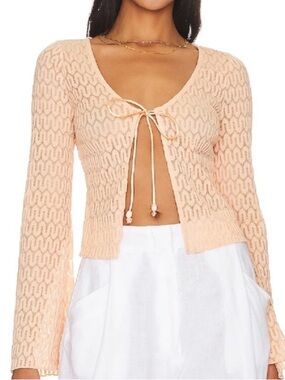 House of Harlow Revolve Corva Long Sleeve Top in Peach Tie Front Crochet Y2K